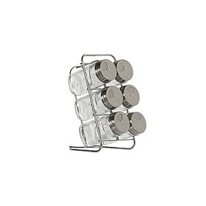DRW Lot de 6 pots à épices en verre sur support en acier 9,5 x 14 x 18 cm. Bocaux 4 x 9,5 cm