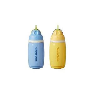 Tommee Tippee tasse Active Straw isotherme, 266 ml, Gourde anti-fuite pour nourrissons à partir de 12 mois, le couvercle articulé permet de garder la paille propre, Bleu et Jaune, lot de 2