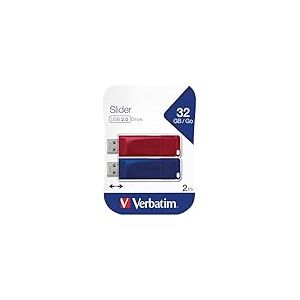 Verbatim Cl&eacute; USB Slider Multipack 32Go I USB 2.0 I 2 cl&eacute;s USB I pour Laptop Ordinateur Portable ultrabook TV autoradio I Stick USB 2.0 I Cl&eacute; USB avec Un syst&egrave;me de Poussoir I Rouge Bleu
