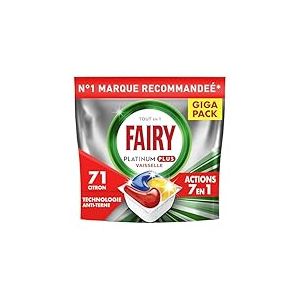 Fairy Platinum Plus Tablettes Lave-Vaisselle Tout En 1 Citron, 71 Capsules, Technologie Anti-terne, Redonne l'Éclat, Prévient le Calcaire, Efficace en Cycles Courts
