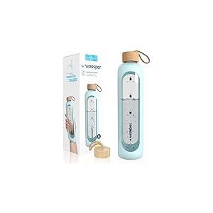 Wessper Bouteille d&rsquo;eau 1L de Motivation en verre avec temps horaire, Sans BPA, Gourde en verre herm&eacute;tique 1000 ml avec couvercle en bambou r&eacute;utilisable avec housse en silicone - Bleu clair