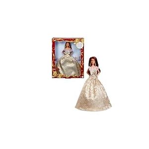 Barbie Poupée Joyeux Noël 2025 aux Cheveux Brun foncé emblématique Portant Une Robe Agent et Or, poupée Collector pour Les fêtes, avec Emballage de présentation et Socle, JBJ02