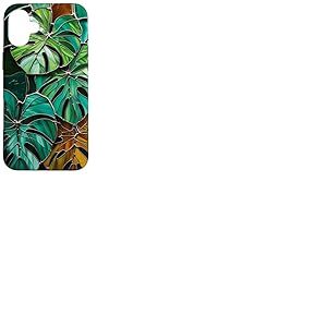 Coque de téléphone Motif Feuilles de Monstera Style vitrail Art déco Vert Coque pour iPhone 16 Plus