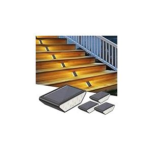 Smiling Shark Lumiere Solaire Exterieur, Lot de 4 LED Lampes Solaires D'escalier Blanc Chaud &Eacute;clairage &Agrave; Double Face IP65 &Eacute;tanches Lumiere Solaire Escalier Pour Jardin All&eacute;e Patio