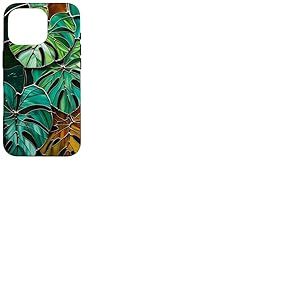 Coque de téléphone Motif Feuilles de Monstera Style vitrail Art déco Vert Coque pour iPhone 16 Pro