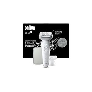 Braun Silk-&eacute;pil 9, &Eacute;pilateur Avec T&ecirc;te Pivotante Pour &Eacute;pilation Facile, &Eacute;tanche, Peau Douce Longue Dur&eacute;e, Avec T&ecirc;te De Rasoir Pour Femmes Et Sabot Tondeuse, 9-041, Blanc/Argent
