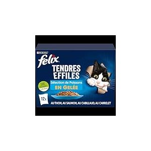 FELIX | Tendres Effil&eacute;s | Chat Adulte | En Gel&eacute;e | Alimentation compl&egrave;te | S&eacute;lection de Poisson : au Thon, Cabillaud, Saumon et Carrelet | Sachets Fra&icirc;cheurs | Lot de 6 x (12 x 85g)