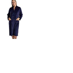 Marlon Womens Serena Front Embossed Fleece Housecoat Zip Up Bath Robe Peignoir, Tourbillon Bleu Marine, M Femme