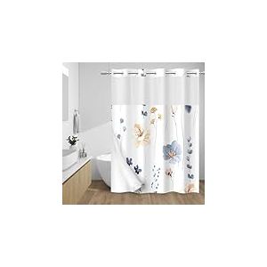 WITHLOC Rideau de Douche sans Crochet avec Doublure &agrave; Clipser &ndash; Rideau de Douche &agrave; Motif Floral Aquarelle &ndash; Doublure int&eacute;rieure en Tissu imperm&eacute;able, Motif Plantes Bleues, Beiges, Fleurs Blanches &ndash;