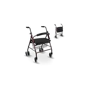 Mobiclinic, D&eacute;ambulateur avec coussin visco&eacute;lastique, Prado plus, Freins &agrave; pression, Aluminium, Pliable, Panier, Si&egrave;ge, Pour personnes &acirc;g&eacute;es, L&eacute;ger, 4 roues, Bordeaux