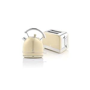 Swan Retro Ensemble Petit-D&eacute;jeuner, Bouilloire 1,8L avec &Eacute;l&eacute;ment Chauffant en Acier Inox, Grille-pain &agrave; Fente Large 2 Tranches, R&eacute;gulateur de Grillage 6 Niveaux, Design Vintage, Cr&egrave;me