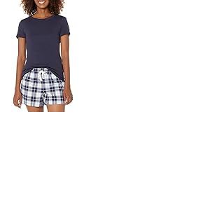 Amazon Essentials Ensemble T-Shirt et Short de Nuit en Popeline Femme, Bleu Marine Écossais, L