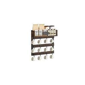 YITAHOME Porte-tasses mural avec 12 crochets, &eacute;tag&egrave;re de rangement en m&eacute;tal avec garde-corps, organiseur de tasse noir rustique pour cuisine, salle &agrave; manger et caf&eacute; bar