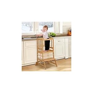 COSYLAND Tour d Observation Enfant, Hauteur R&eacute;glable Tour d'observation Montessori, S&ucirc;r et S&eacute;curis&eacute; Tour d'apprentissage Bebe en Bambou, Chaise Montessori Enfant &Agrave; Partir de 18 Mois - Naturel