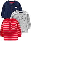Simple Joys by Carter's Long-Sleeve Shirts, Pack of 3 Chemise, Bleu Marine/Gris Chiens/Rouge Double Rayure, 6 Ans (Lot de 3) Garçon