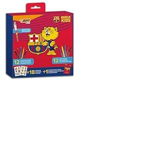 BIC Kids Kit de coloriage FC Barcelone avec stylo 4 couleurs exclusif : CAT, 12 crayons de couleur BIC Tropicolors, 12 feutres Kid Couleur, carnet de coloriage et 18 autocollants du FC Barcelone