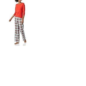 Amazon Essentials Pyjama avec Pantalon Léger en Flanelle et T-Shirt à Manches Longues Femme, Rouge Tartan Écossais, S