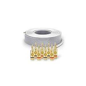 PureLink Câble d'enceinte SP061-030 2x2,5 mm² (99,9% de cuivre OFC, Fil toronné de 0,20 mm) Câble d'enceinte Hi-FI, 30 m, Blanc, Jeu Comprenant 8 fiches Bananes