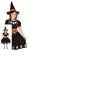 FIESTAS GUIRCA Déguisement de Petite Sorcière pour Filles - Robe de Sorcière Noir Orange avec de Tête de Mort et Chapeau de Sorcière - Costumes d'Halloween pour Filles Âge 3-4 Ans