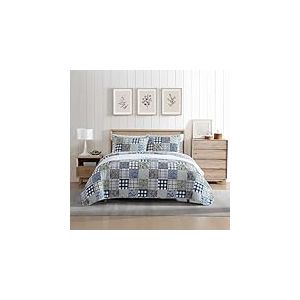 Eddie Bauer - Parure de lit pour lit simple, literie r&eacute;versible en coton avec taie d'oreiller assortie, d&eacute;coration d'int&eacute;rieur en patchwork avec revers &agrave; carreaux (patchwork confortable bleu/vert, lit