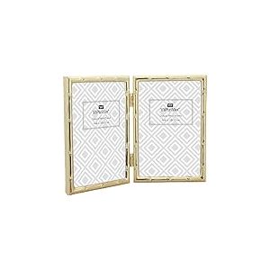 YiPinYin Cadre photo double de 10,2 x 15,2 cm avec détails en bambou, cadre photo en métal doré 15,2 x 10,2 cm, cadre photo élégant à bord fin avec dos en velours doux au toucher et verre véritable