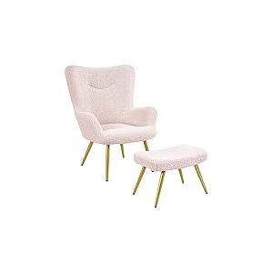 Yaheetech Fauteuil Scandinave &agrave; Oreilles avec Repose Pieds Fauteuil de Salon en Tissu Bouclette Dossier Ergonomique Chaise de Salon Design El&eacute;gant 67,5 cm &times; 70 cm &times; 97,5 cm Rose/1