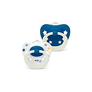 NUK Signature Night Lot de 2 t&eacute;tines en silicone sans BPA en forme de c&oelig;ur phosphorescentes dans le noir avec &eacute;tui pour b&eacute;b&eacute; de 6 &agrave; 18 mois Apaise 95% des b&eacute;b&eacute;s