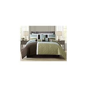 Chezmoi Collection - Parure de lit matelassée 7 pièces Patchwork Marron café/Vert Eau/Vert Sauge pour lit Queen-Size