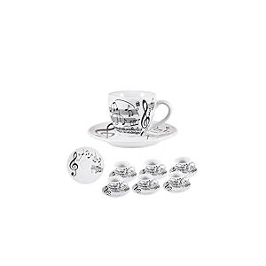 DRW Lot de 6 tasses avec soucoupe en porcelaine d&eacute;cor&eacute;es de notes de musique Tasse : 6,5 x 6,5 x 6 cm