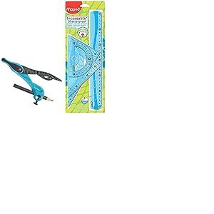 Maped Kit de Traçage INCASSABLE 4 pièces comprenant : 1 règle 30 cm, 1 équerre 60°/21cm, 1 équerre 45°/21 cm et 1 rapporteur 180°/12 cm Bleu & Compas Scolaire Kid'Z Bague - Coloris Bleu