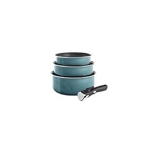 QDESIGN Lot de 3 Casseroles en Aluminium anti-adhésif sans PFOA avec poignée amovible - tous feux dont induction - Compatible four lave-vaiselle et frigo - Bleu orage, Empilables 16/18/20 cm