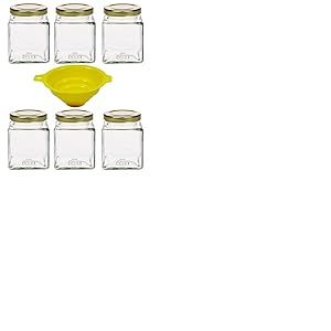 mikken 6 x 210 ml Pots &agrave; Confiture en Verre avec Couvercles &agrave; Visser (couleur or) 210 ml + Entonnoir, Lot de 6 Pots