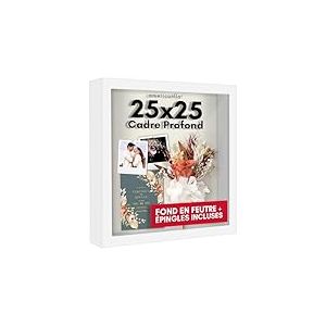 Americanflat Cadre Profond 25x25 Blanc - Cadre Photo Bois MDF - Cadre 3D avec Verre Antichoc & Mat&eacute;riel de Suspension Inclus - Cadre Carr&eacute; pour Suspension Murale ou Pr&eacute;sentation sur Table