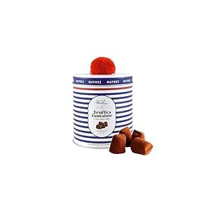 Chocolat Mathez - Truffes au chocolat Pompon &ndash; Boite chocolat &agrave; offrir &eacute;l&eacute;gante avec un v&eacute;ritable pompon rouge - Fabrication fran&ccedil;aise &ndash; Bo&icirc;te m&eacute;tal d&eacute;corative &agrave; r&eacute;utiliser - Id&eacute;e cadeau