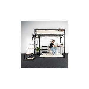 Meuble Cosy Lit Mezzanine avec Escalier, Lit Sur&eacute;lev&eacute; 140x200cm pour Chambre d&rsquo;Enfant, Adolescent ou Adulte, Gain de Place, Structure M&eacute;tal et Bois, Noir et Ch&ecirc;ne