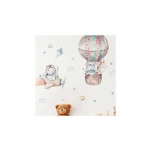 Stickers muraux enfants - Decoration chambre bébé - Sticker mural chambre enfant - Autocollant mural montgolfière et les animaux pilotes de ligne - H90 x L60 cm