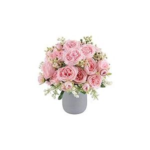 Lot de 4 pivoines artificielles en Soie - Bouquet de pivoines artificielles en Plastique pour décoration de Vase (Rose Clair)