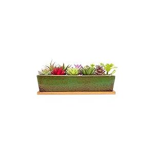 ARTKETTY Grand Pot de Fleurs rectangulaire en c&eacute;ramique de 30,5 cm avec Plateau de Drainage, pour Cactus d'int&eacute;rieur, Plantes succulentes, bonsa&iuml; Peu Profond, d&eacute;coration de Jardin (Vert)