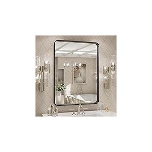 LOAAO Miroir Mural de Salle de Bain/lavabo/Ferme avec Cadre en métal Noir Mat, Grand Miroir rectangulaire Arrondi, antirouille, Verre trempé, Suspension Horizontale ou Verticale, 61 x 81,3 cm