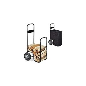 Relaxdays Chariot à Bois, métal, bâche de Protection, 2 Roues, 60 kg, Transport & Stockage, Panier à bûches, Noir