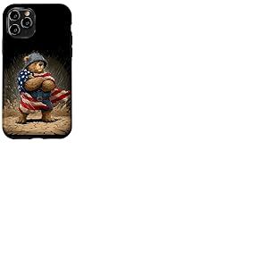 Costume d'ours en Casque Militaire et Drapeau américain Coque pour iPhone 11 Pro
