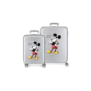 Ensemble valise Disney 100 Mickey Joyful Gris 55/70 cm ABS rigide Serrure TSA int&eacute;gr&eacute;e 119L 6 kgs 4 doubles roues bagage &agrave; main
