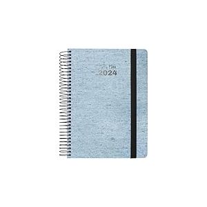 Grafoplás | Agenda Jour Page 2024 | Ecojeans Bleu | 15 x 21 cm | Espagnol | Avec Spirale | Couvercle Dur Doublé Denim Recyclé | Fermeture Élastique | Parfait pour planifier votre année