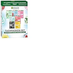 Garnier Ensemble de masques en tissu pour tous types de peau, 7 masques faciaux pour peaux s&egrave;ches et normales, formule v&eacute;g&eacute;talienne &agrave; l'acide hyaluronique, Hydra Bomb et Nutri Bomb, ensemble de