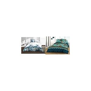 Le Linge de Jules Housse de Couette 220x240 + 2 Taies - Ginko Bleu, Pur Coton 57 Fils - Parure de Couette, Vert, Safran, Parasio, 3 Pièces