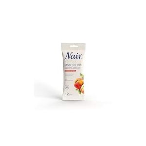 NAIR - Bandes De Cire Froide Maillot & Aisselles, Peaux Sensibles, à l'Extrait de Pêche, 97% d'Origine Naturelle, Format Malin 12 Bandes