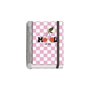 Dohe - Agenda Scolaire 2025 2026 - Jour Page, Taille A6 (12x17 cm), Espagnol et Anglais, Septembre à Juin, Reliure Spirale et Gomme, Couverture Rigide, 4 Pages de Stickers - PRIME Cherry