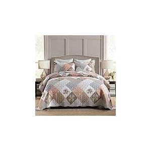 HoneiLife Parure de lit 3 pi&egrave;ces en Microfibre r&eacute;versible pour Grand lit &ndash; Couvre-lit Patchwork Floral pour Toutes Les Saisons, Rose Moka, Grand lit/lit Double