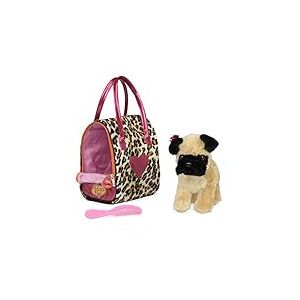 Pucci Pups by Battat ST8357Z Carlin en Peluche dans son Sac en Peluche Rose Imprimé Léopard - Peigne Inclus