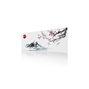 ETZ Tapis de souris blanc en fleurs de cerisier japonais (80 x 30 x 0,3 cm) Grand tapis de souris étendu, bords cousus, base en caoutchouc antidérapant, tapis de souris de jeu XL, pour le bureau et la